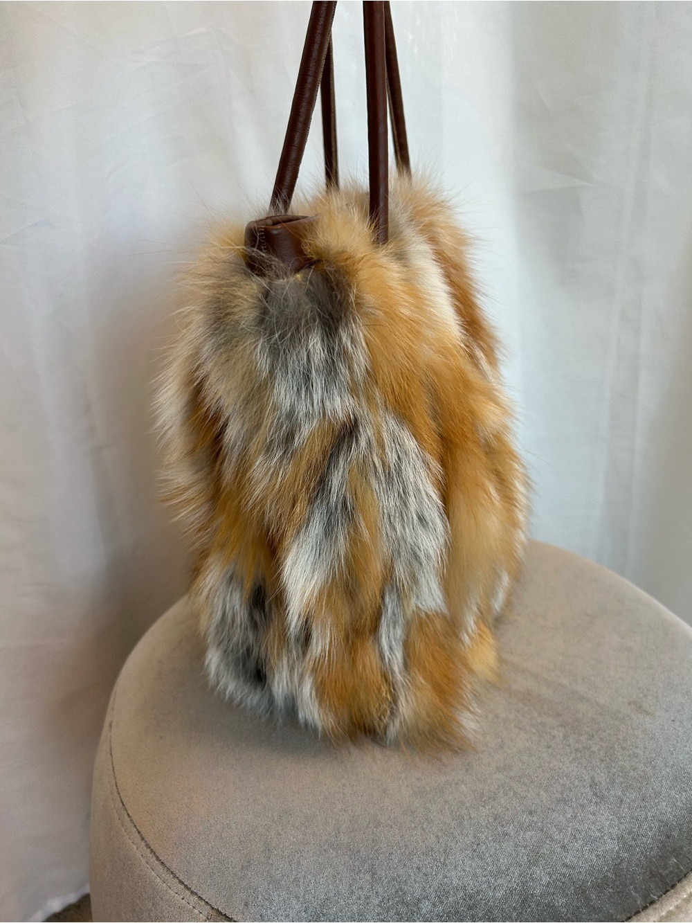 Fox Fur Tote in Brown Cream and Gray real fur shoulder bag - Picture 5 of 14